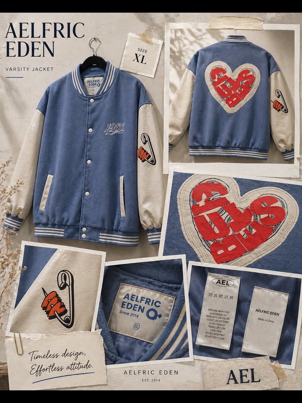 Aelfric Eden Varsity Jacket XL Blue Cream Heart Patch Streetwear Bomber